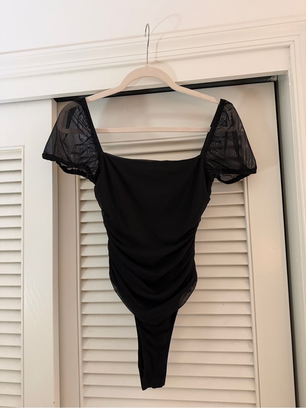 Princess Polly Black Sheer Sleeve Ruched Square-Neck Bodysuit